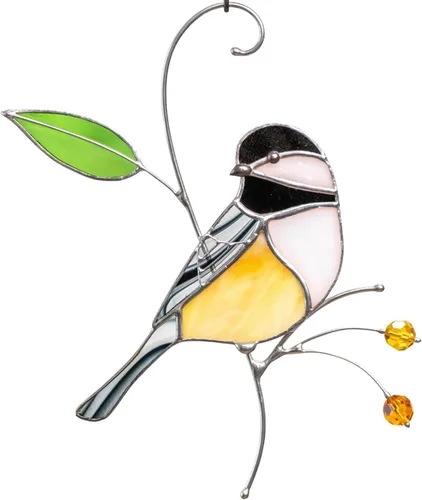 Atrapasoles de Vidrio Emplomado Hechos a Mano de Carbonero Gift Birds, Vidrio Emplomado Genuino para Ventana Colgante, Ornamento Único para