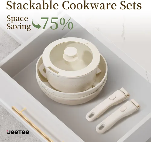 Miniatura 4 de JEETEE Juego de ollas y sartenes antiadherentes, 17 piezas, juegos de utensilios de cocina con mango desmontable, juego de utensilios de cocina