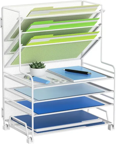 Miniatura 15 de MINDEPOT Organizador de papel de 4 niveles + soporte para archivos de 3 bolsillos + cajón + soportes para bolígrafos, organizador de archivos