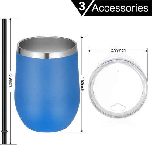 Miniatura 5 de VEGOND Vasos de Vino Paquete de 12, Vaso de Vino sin Tallo de Acero Inoxidable de 12 onzas con Tapas y Pajitas, Vaso Tumbler de Doble Pared con Azul