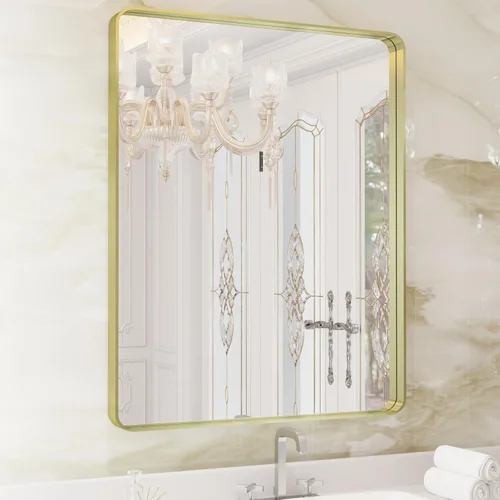Miniatura 70 de WEER - Espejo de baño dorado, espejo de 40x32 pulgadas con marco de metal dorado cepillado, espejo de tocador de baño de oro para pared