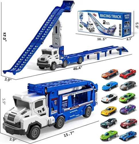 Miniatura 2 de Juguetes de camiones de transporte para niños de 3, 4, 5, 6 y 7 años, juego de camiones transportadores con pista de carreras y 12 juguetes de autos