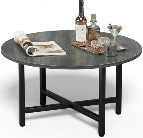 Miniatura 13 de Mesa de Café FAMIDGE, Mesas de Café de 23.6" para Sala de Estar, Mesa de Café Redonda con Marco de Metal, Mesa de Piso para Sentarse en el Suelo