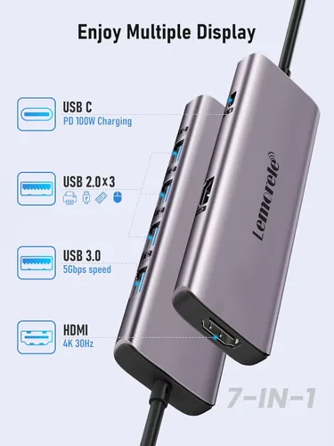 Miniatura 2 de Lemorele Estación de acoplamiento USB C para laptop, concentrador USB C 7 en 1 con HDMI dual 4K, USB 3.0, 3 USB 2.0, 100 W PD adecuado para MacBook