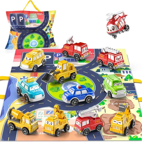 Miniatura 2 de TEMI - Juguetes de coches tirados para niños pequeños de 1, 2, 3 años para niños y niñas, 12 piezas de juguetes de coches para bebés con alfombrilla