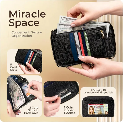 Miniatura 2 de Claasico Cartera Bifold para mujer con bloqueo RFID Cartera de piel auténtica con cremallera y bolsillo para monedas para mujer Elegante soporte