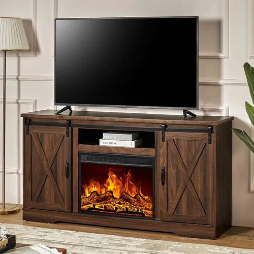 Miniatura 9 de AMERLIFE Soporte de TV con chimenea de 59 pulgadas para televisores de hasta 65 pulgadas, centro de entretenimiento de granja con puertas correderas