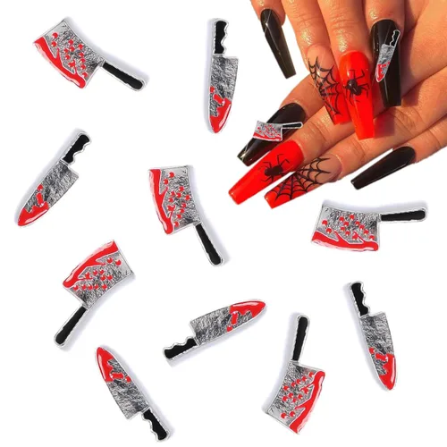 Miniatura 2 de Abalorios de aleación para uñas de Halloween, cuchillo plateado y rojo de terror, gemas de uñas con cuchillo sangriento metálico 3D, dijes de arte
