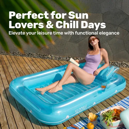 Miniatura 8 de SLOOSH Flotador inflable, camastro para adultos, con almohada, 178 x 117 cm, 4 en 1: balsa-tina bronceadora, camastro para tomar el sol, fiestas Azul
