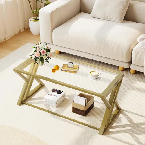 Miniatura 3 de Wolawu Mesa de Centro de Cristal Dorado Mesa de Centro de Cristal para Sala de Estar, Mesa Central Rectangular Moderna con Marco de Metal dorado