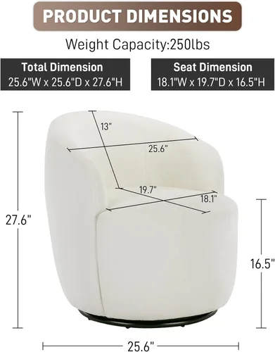 Miniatura 2 de Wrofly Silla giratoria de barril moderna, cómoda silla giratoria Boucle, cómoda silla redonda de chenilla, pequeña silla tapizada para sala