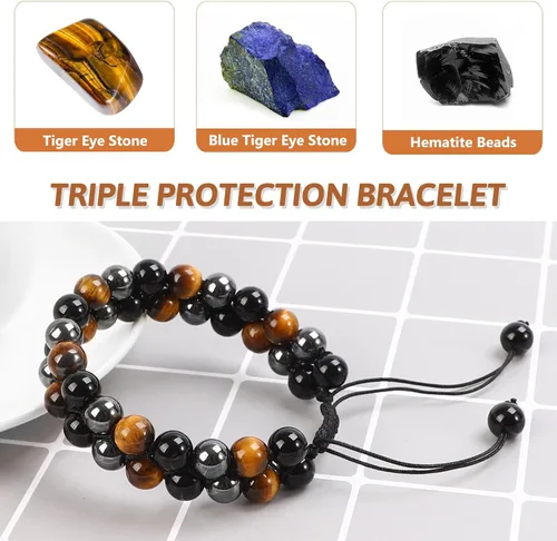 Miniatura 11 de MIDON - Pulsera de ojo de tigre, pulsera de triple protección para hombres y mujeres, hecha a mano, cuentas de ojo de tigre, hematita y obsidiana