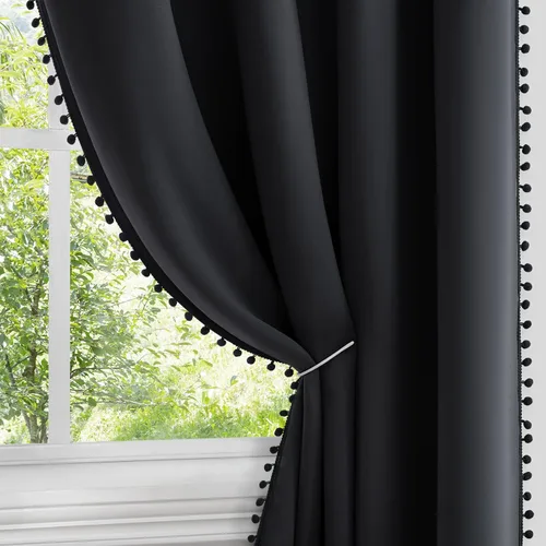 Miniatura 10 de HOMEIDEAS Cortinas opacas con pompones grises de 52 x 63 pulgadas de largo, con ojales, para oscurecer la habitación, 2 paneles para dormitorio