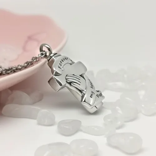 Miniatura 3 de YSAHan Collares de urna de cruz de manos rezando con cenizas de cremación conmemorativa de acero inoxidable colgante de recuerdo de joyería Forever