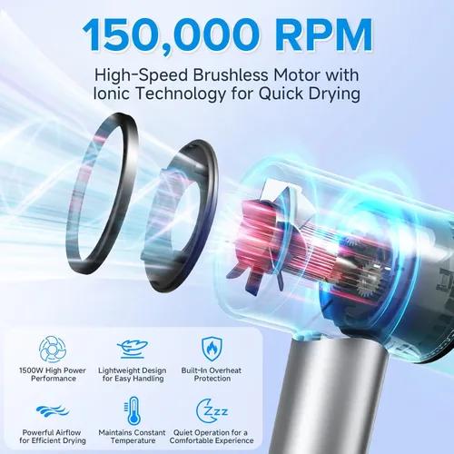Miniatura 2 de Secador de pelo, motor sin escobillas de 150,000 RPM, secado ultrarrápido con 3 ajustes de calor y luces LED, secador iónico de alta velocidad, bajo