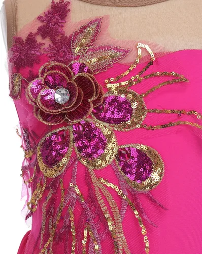 Miniatura 4 de Vestido de patinaje artístico para niñas, vestido de patinaje sobre hielo de malla de flores de lentejuelas, vestido de leotardo de ballet