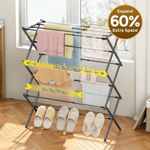 Miniatura 2 de KINGBOARD Tendedero de secado de ropa plegable con 11 postes, estante de secado de lavandería de 3 niveles, estante de secado de ropa pequeño