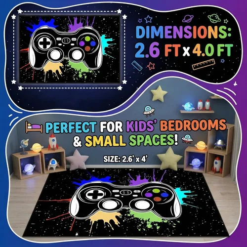 Miniatura 2 de Alfombras de Jugador para Dormitorio de Niños, Pintura de Dibujos Animados con Gamepad, Alfombra para el Hogar para Adolescentes, Decoración Genial