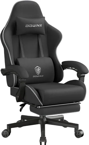Dowinx Silla de juegos grande y alta de tela con reposapiés, cojín de resorte para oficina en casa, respaldo alto, reclinable, altura ajustable,