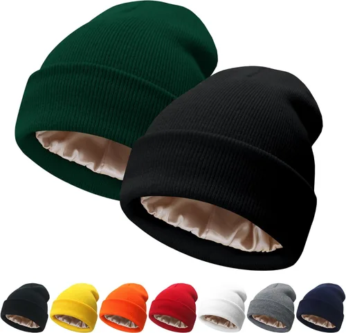 Miniatura 23 de NPQQUAN 2 PCS Satin Lined Beanie for Women Silk Lined Beanies Winter Warm Soft Lining Cuffed Knit Beanie Hats for Women