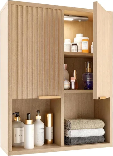 Miniatura 14 de HAIOOU Armario de pared de baño con luz LED con sensor de movimiento, armario de madera para medicamentos, armario de almacenamiento sobre inodoro