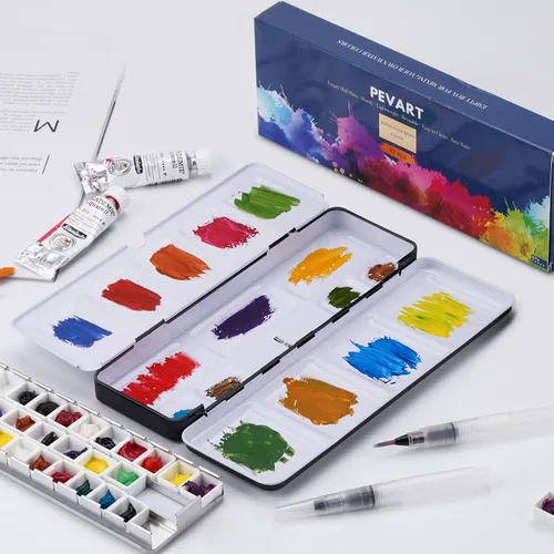 Miniatura 6 de PEVART Paleta de pintura de acuarela vacía, caja de metal con 37 medias bandejas de color de agua y paleta plegable, bandeja de pintura de estaño