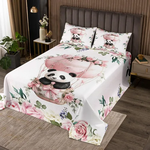 Miniatura 15 de Manfei Lindo pingüino para niños, tamaño individual, juego de colcha de princesa con lazo rosa con globo aerostático, decoración de habitación