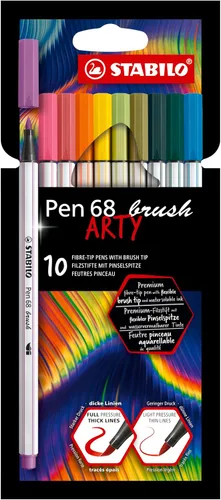 STABILO - Bolígrafo 68 pinceles - Bolígrafo de punta de fibra premium con punta de pincel - ARTY - Paquete de 10 - Colores surtidos