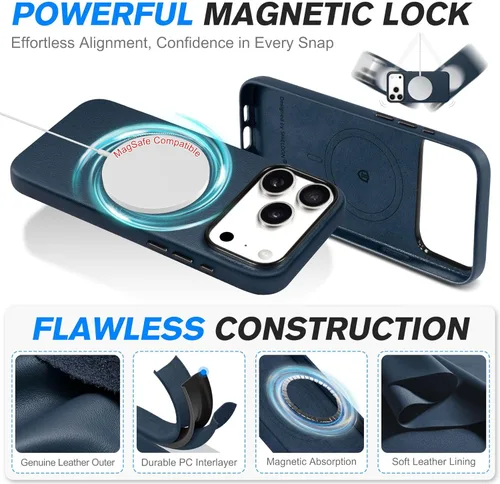 Miniatura 5 de SHIELDON Funda de cuero genuino para iPhone 17 Pro Max de 6.9 pulgadas 2025, [botón de la cámara actualizado], compatible con Magsafe, carga Azul