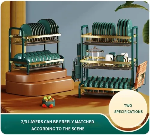 Miniatura 2 de Escurridor de platos con escurridor de 2 niveles de acero inoxidable para encimera de cocina, escurridor de platos de 3 capas, estante organizador
