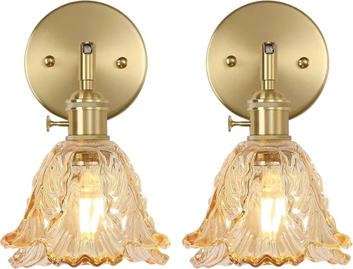 Miniatura 10 de Paquete de 2 apliques de pared dorados con modernas pantallas de vidrio ámbar, accesorios modernos de luz de pared de tocador de baño de mediados