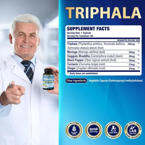 Miniatura 3 de Organic Cadane Cápsulas de extracto de Triphala – Complejo de 6 ingredientes premium con cúrcuma, moringa, guggul, jengibre y pimienta negra – 60