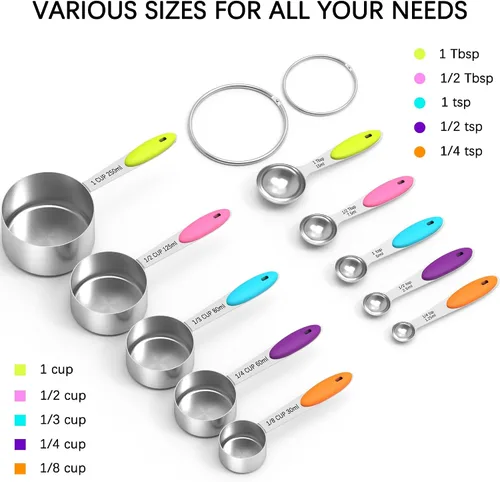 Miniatura 3 de TILUCK Juego de tazas y cucharas medidoras, acero inoxidable, utensilios de cocina para cocinar y hornear (10)