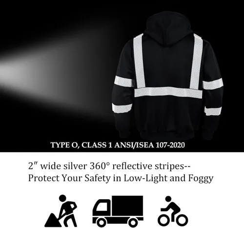 Miniatura 6 de VENDACE Alta visibilidad ANSI Clase 3 Reflectante de Seguridad Fleece Sudadera con capucha para hombres Hi Vis Sudaderas Chaqueta con cremallera