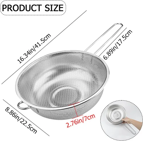 Miniatura 2 de Colador de acero inoxidable de malla fina con mango largo colador de cocina multiusos para colar, enjuagar, freír, cocinar al vapor y cocinar
