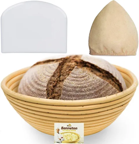 Banneton Juego de cestas redondas para masa con forro de tela y raspador de bol, para pan de tamaño ideal y patrón de harina, 9 pulgadas, Casual, 9