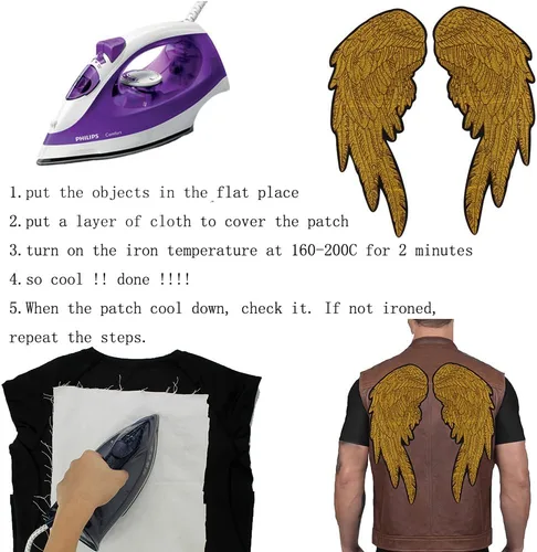 Miniatura 6 de Parches de alas de ángel para planchar con alas doradas bordadas para motocicleta, motivo para ropa de bricolaje, alas doradas, accesorios de ropa