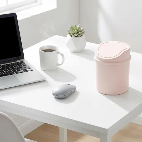 Miniatura 7 de Bote de basura de plástico de 2 L con tapa giratoria, pequeño cubo de basura con tapa giratoria, color rosa