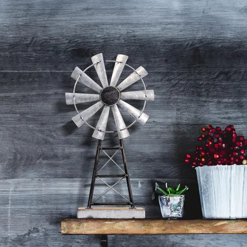 Miniatura 8 de Encantador molino de viento galvanizado alto, decoración de molino de viento de metal para estante de granja y sala de estar, añadiendo un toque