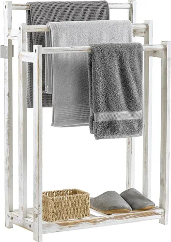 Miniatura 7 de MyGift Toallero de pie, estante de madera de 3 niveles, soporte de secado de toallas de baño, soporte para manta con estante inferior
