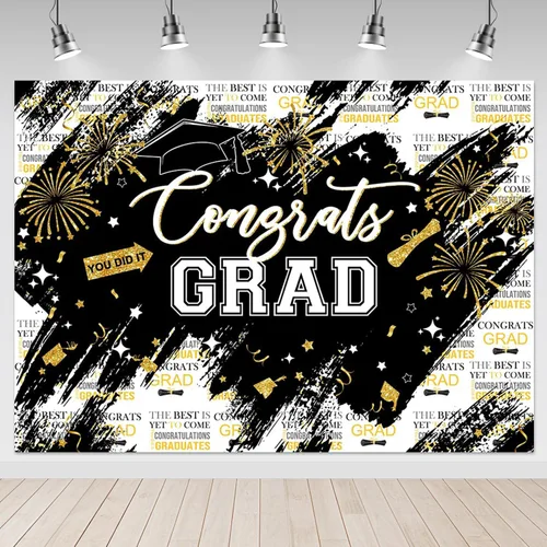 Mocsicka Telón de fondo de graduación de 7 x 5 pies – Congrats Grad Black Gold 2026 decoraciones de fiesta de graduación, fondos de fotografía de