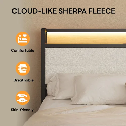 Miniatura 5 de LIKIMIO Base de cama matrimonial con cabecera de almacenamiento y luces LED, plataforma de metal con estación de carga, sin ruido, no necesita