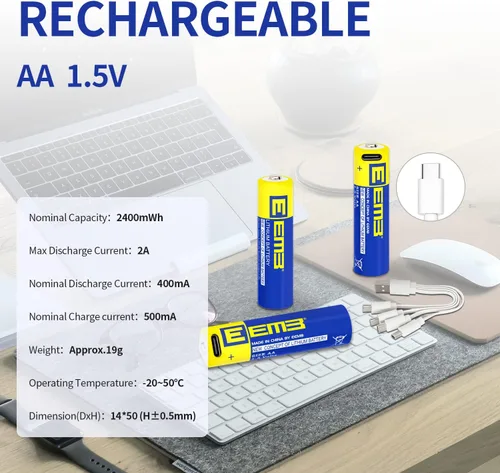 Miniatura 8 de EEMB Paquete de 12 baterías AA recargables AA de 1.5 V, baterías de litio AA USB 4 en 1 USB tipo C, batería de repuesto de cable de carga de 2600