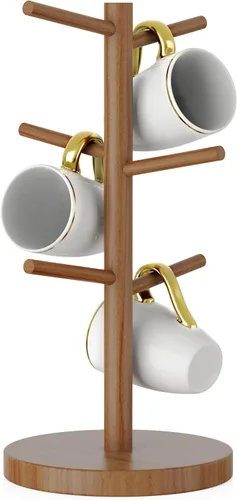 Miniatura 11 de Wisuce Soporte de bambú para tazas, base más gruesa, soporte para taza de café para mostrador, estante para tazas con 6 ganchos Base negra