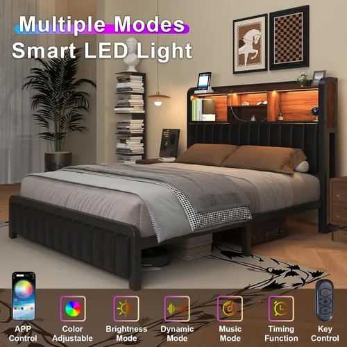 Miniatura 4 de LOEWAY Marco de Cama Full de 54.3 pulgadas de alto con cabecera de almacenamiento de 3 niveles y piel sintética, marco de cama de plataforma