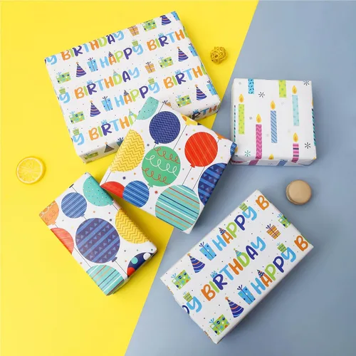 Miniatura 6 de BULKYTREE Papel de regalo de cumpleaños para niños, niñas, niños, hombres y mujeres, fiestas de vacaciones, 3 hojas grandes, globos
