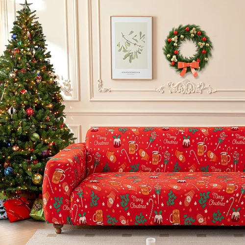 Miniatura 13 de Anibedding - Funda estampada de Navidad roja para sofá de 2 cojines, funda elástica con renos y copos de nieve para sofá, funda de sofá lavable a