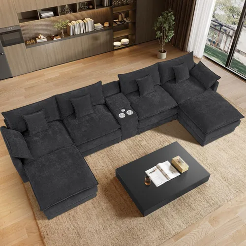 Miniatura 20 de Sofá modular de nube en forma de U de 162.6 pulgadas, sofá seccional para sala de estar, moderno sofá de nube de terciopelo de gran tamaño con Gris