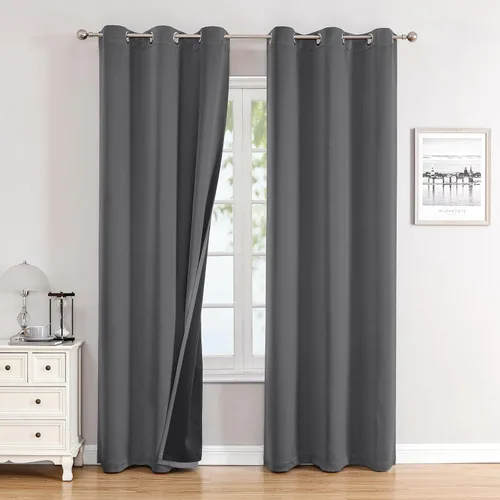 ChrisDowa Cortinas 100% Opacas para Dormitorio con Forro Negro, 2 Capas Gruesas Totalmente Opacas con Aislamiento Térmico y Ojales, Cortinas de Gris