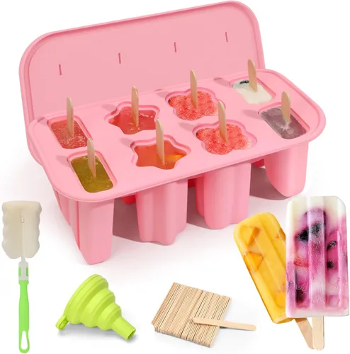 Moldes de paletas de silicona, 8 cavidades con 50 palitos, molde para hacer paletas de hielo sin BPA con embudo y cepillo de limpieza para niños,